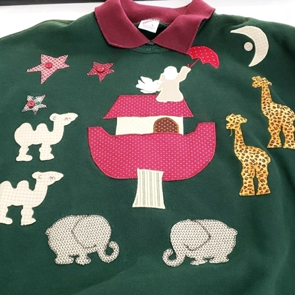 Vintage Jerzees Sweatshirt Noah's Ark Appliqued Handcrafted Green L - Picture 3 of 12